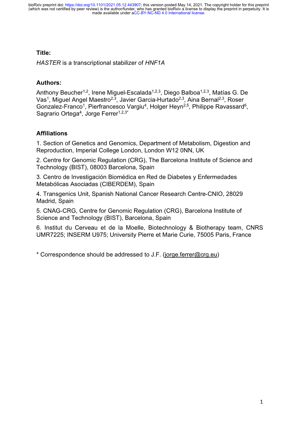 HASTER Is a Transcriptional Stabilizer of HNF1A Authors