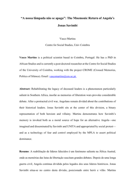“A Nossa Lâmpada Não Se Apaga”: the Mnemonic Return of Angola's