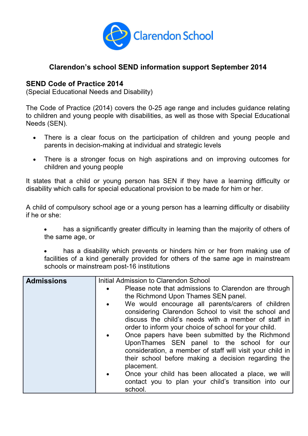 Clarendon S School SEND Information Support September 2014