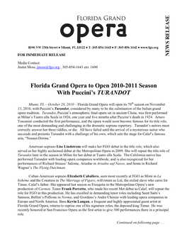 Florida Grand Opera to Open 2010-2011 Season with Puccini's