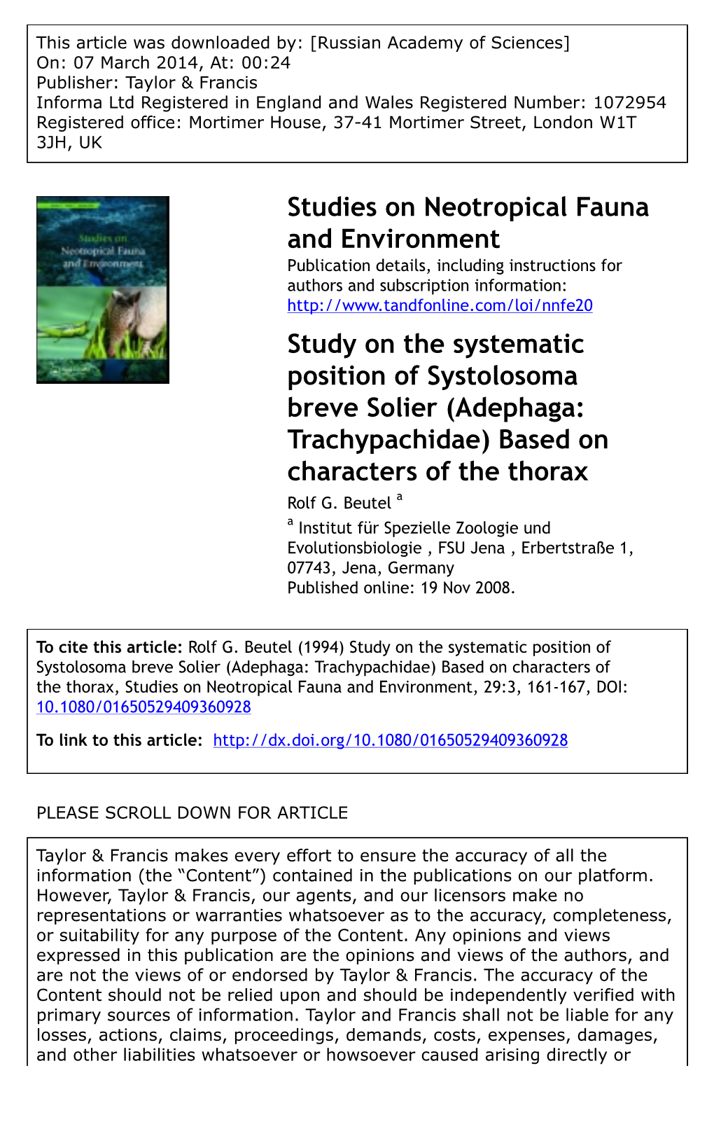 Studies on Neotropical Fauna and Environment Study on The