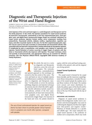 Diagnostic and Therapeutic Injection of the Wrist and Hand Region ALFRED F