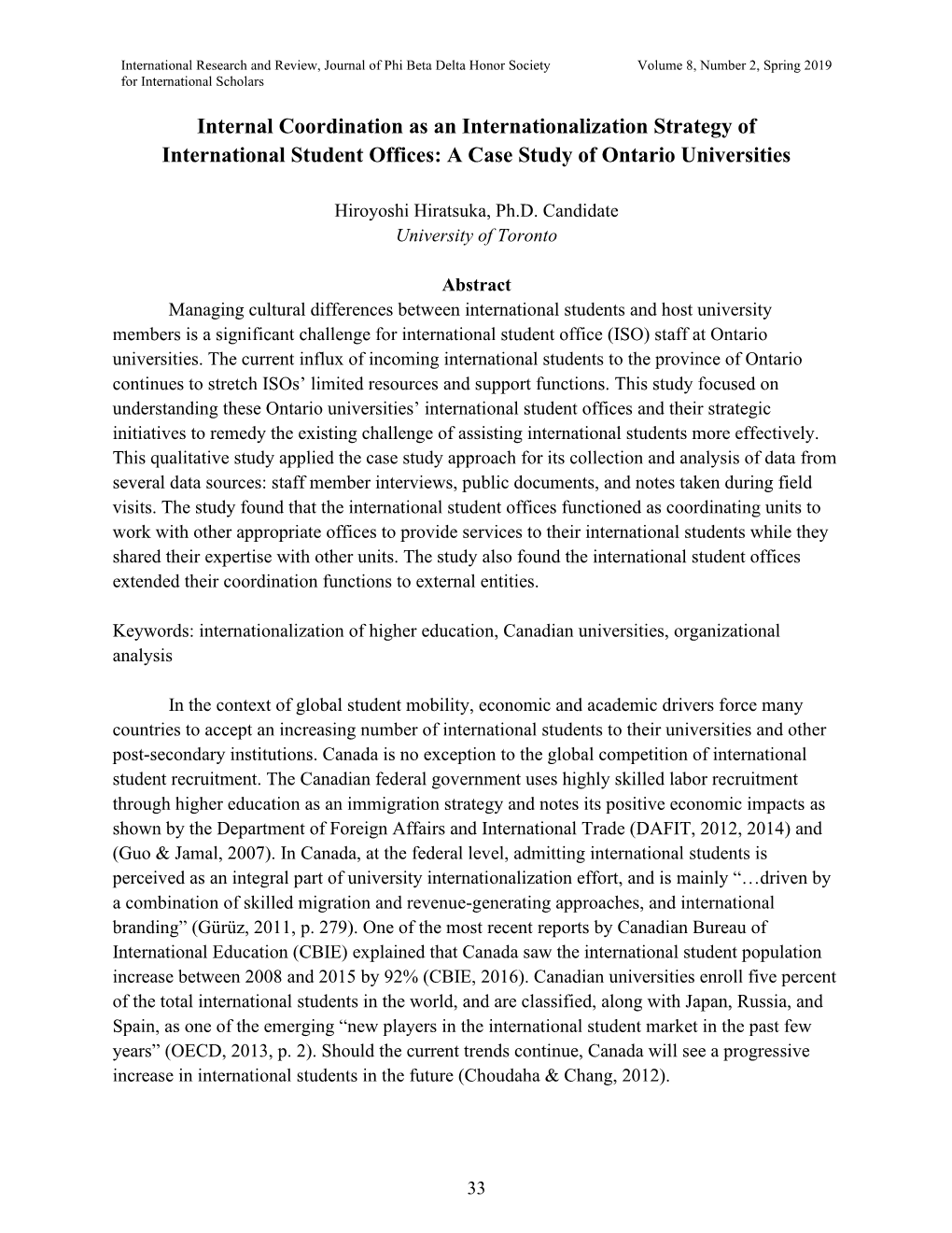 Internal Coordination As an Internationalization Strategy of International Student Offices: a Case Study of Ontario Universities
