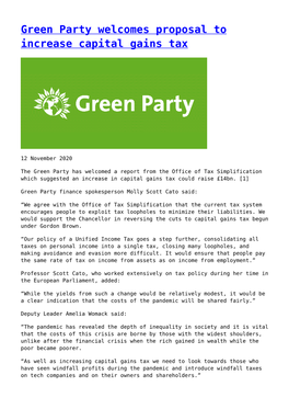 Green Party Welcomes Proposal to Increase Capital Gains Tax