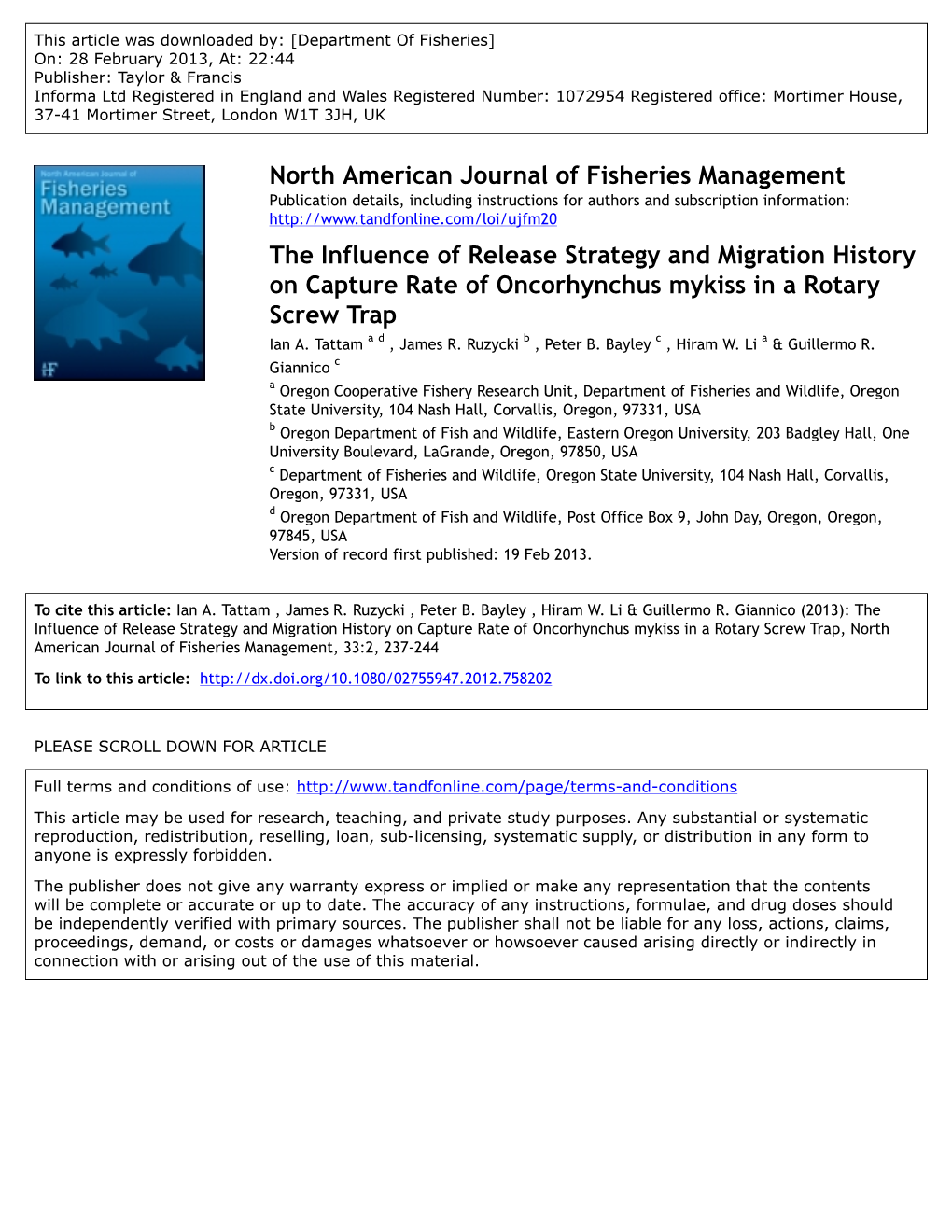 The Influence of Release Strategy and Migration History on Capture Rate of Oncorhynchus Mykiss in a Rotary Screw Trap Ian A