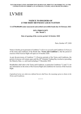 Notice to Holders of Lvmh Moët Hennessy Louis Vuitton