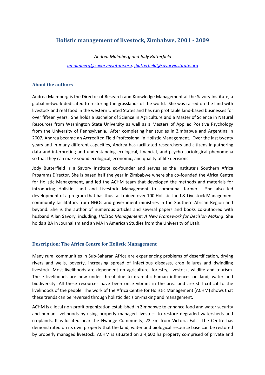 Holistic Management of Livestock, Zimbabwe, 2001 - 2009