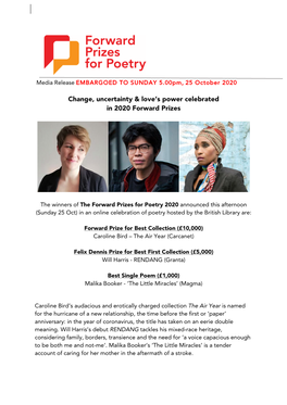 Change, Uncertainty & Love's Power Celebrated in 2020 Forward Prizes