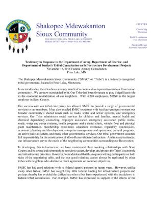 Shakopee Mdewakanton Sioux Community Testimony in Response to the Department of Army