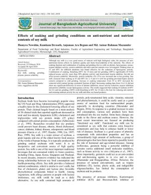 Effects of Soaking and Grinding Conditions on Anti-Nutrient and Nutrient Contents of Soy Milk
