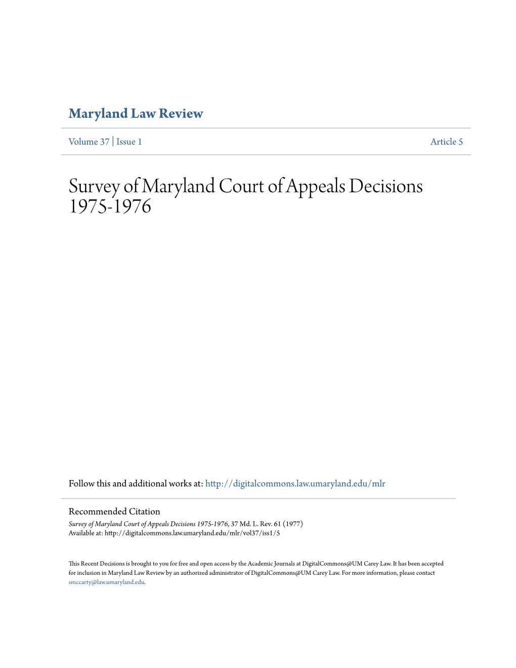 Survey of Maryland Court of Appeals Decisions 1975-1976