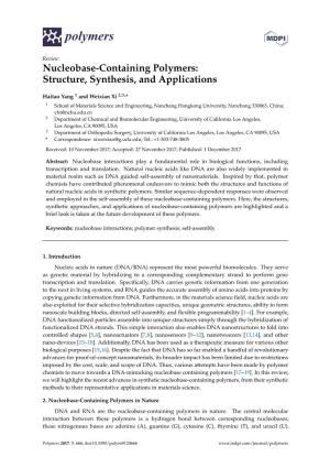 Nucleobase-Containing Polymers: Structure, Synthesis, and Applications