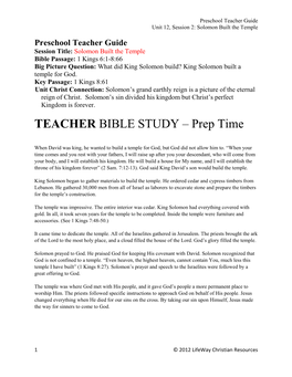 TEACHER BIBLE STUDY – Prep Time