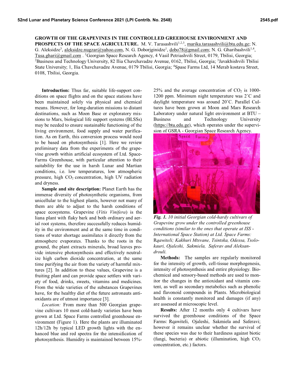 Growth of the Grapevines in the Controlled Greehouse Environment and Prospects of the Space Agriculture