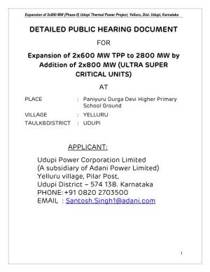 DETAILED PUBLIC HEARING DOCUMENT for Expansion of 2X600 MW TPP to 2800 MW by Addition of 2X800 MW (ULTRA SUPER CRITICAL UNITS) AT