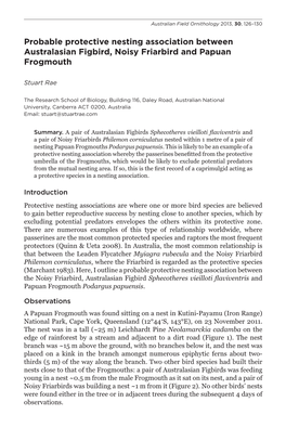 Probable Protective Nesting Association Between Australasian Figbird, Noisy Friarbird and Papuan Frogmouth