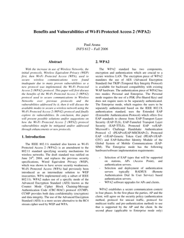 Benefits and Vulnerabilities of Wi-Fi Protected Access 2 (WPA2)