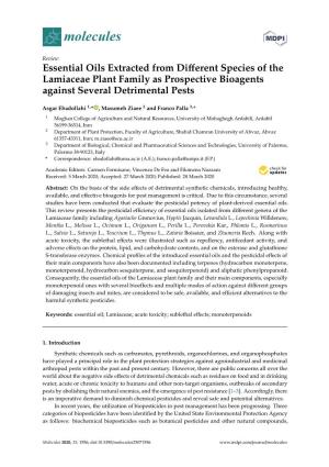Essential Oils Extracted from Different Species of the Lamiaceae Plant Family As Prospective Bioagents Against Several Detriment