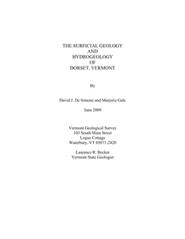 The Surficial Geology and Hydrogeology of Dorset, Vermont