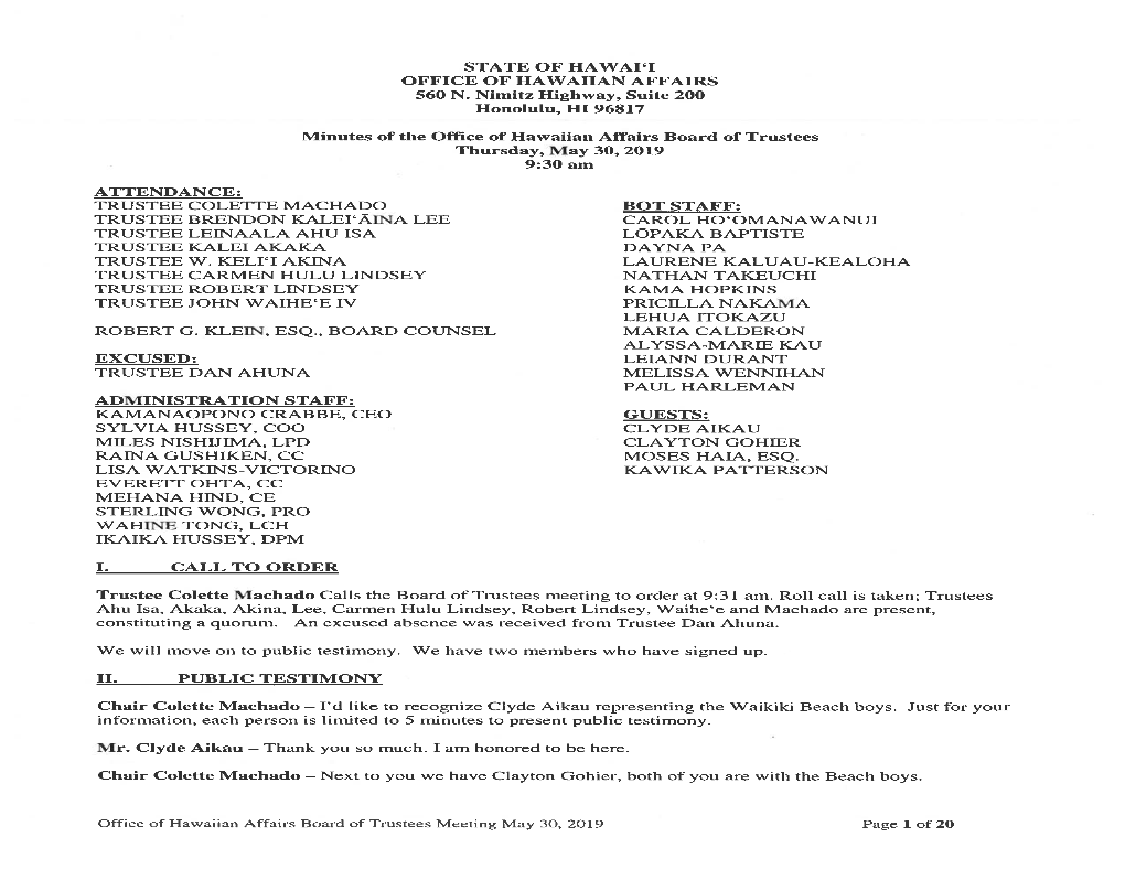 Minutes of the Office of Hawaiian Affairs Board of Trustees Thursday, May 30, 2019 9:30 Am