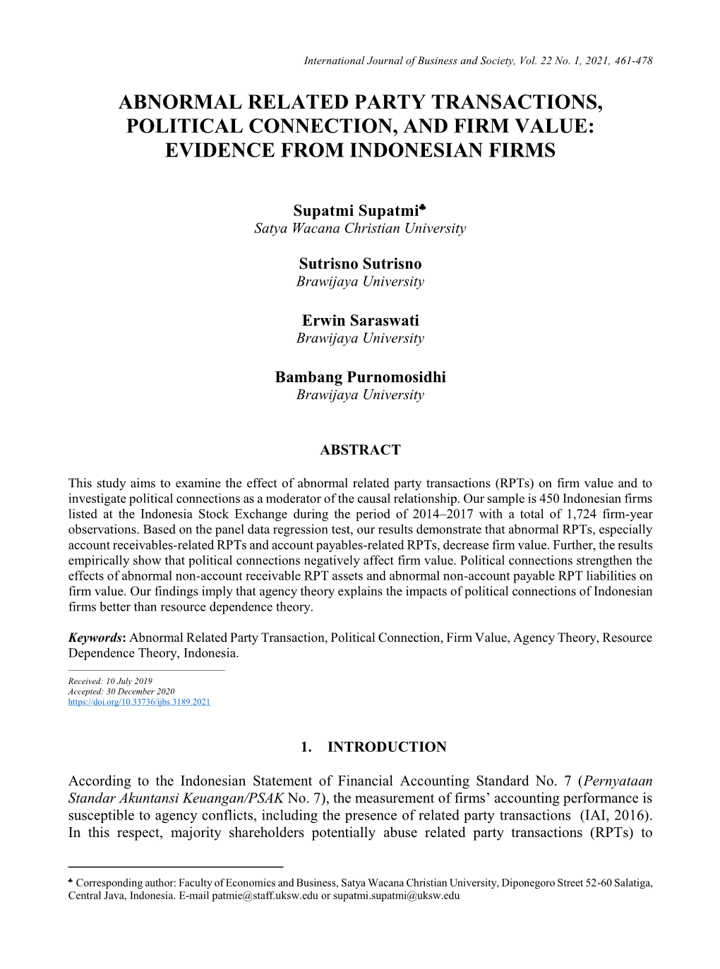 Abnormal Related Party Transactions, Political Connection, and Firm Value: Evidence from Indonesian Firms