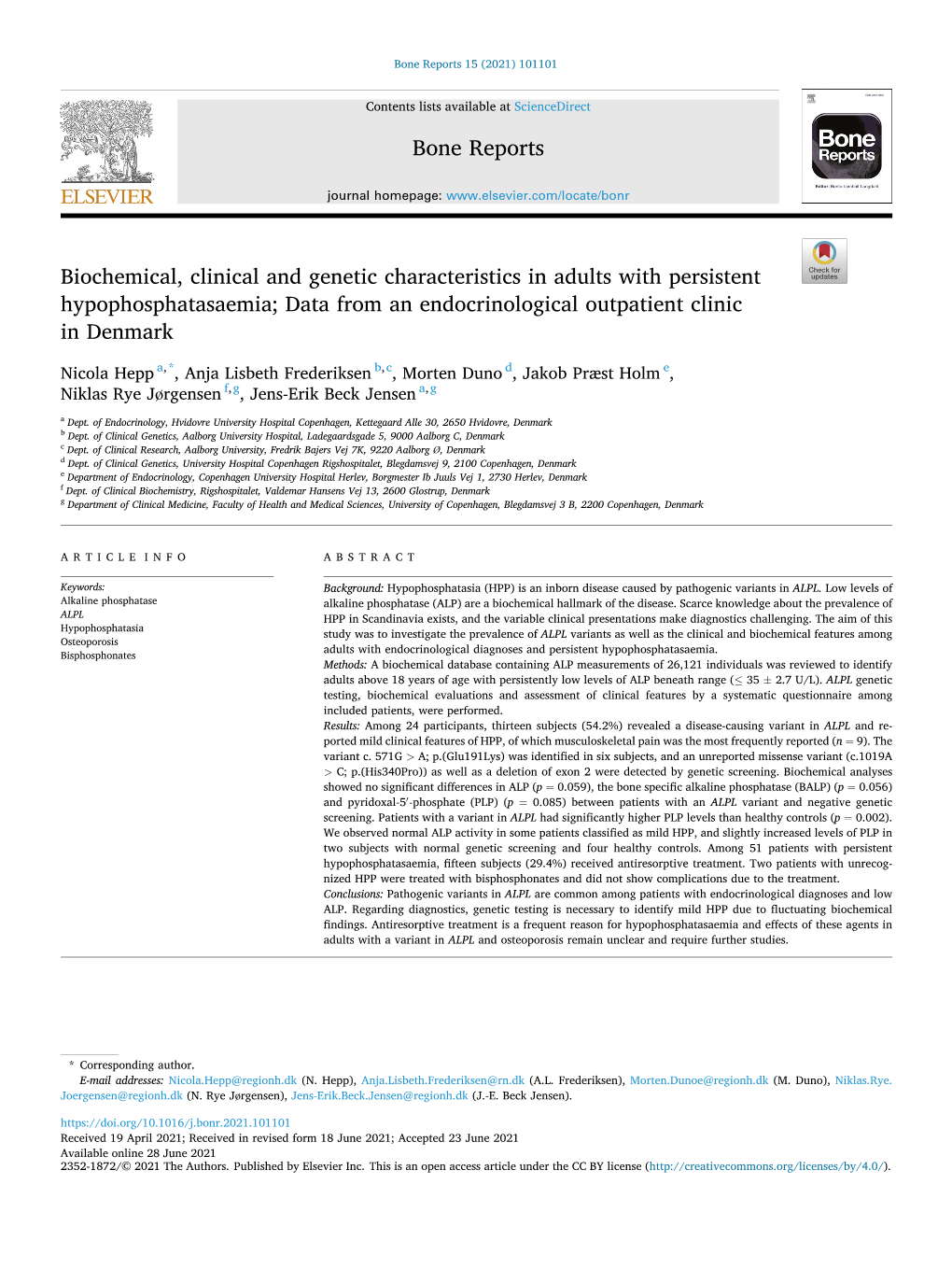 Biochemical, Clinical and Genetic Characteristics in Adults with Persistent Hypophosphatasaemia; Data from an Endocrinological Outpatient Clinic in Denmark