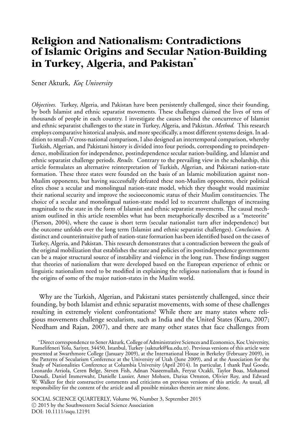 Religion and Nationalism: Contradictions of Islamic Origins and Secular Nation-Building ∗ in Turkey, Algeria, and Pakistan