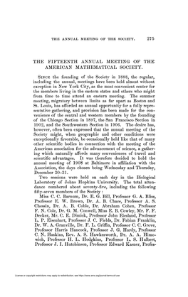 The Fifteenth Annual Meeting of the American Mathematical Society