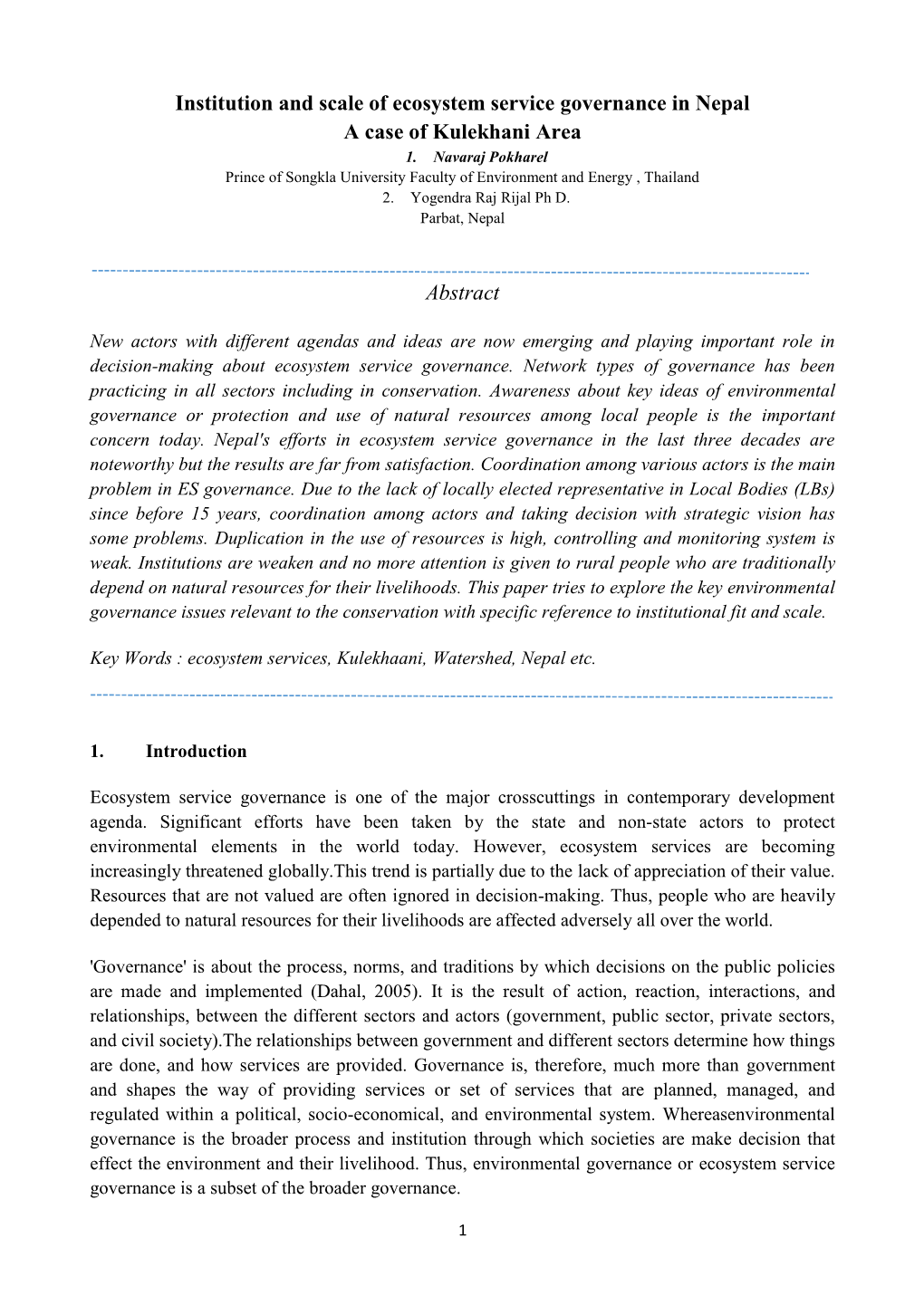 Institution and Scale of Ecosystem Service Governance in Nepal a Case of Kulekhani Area 1