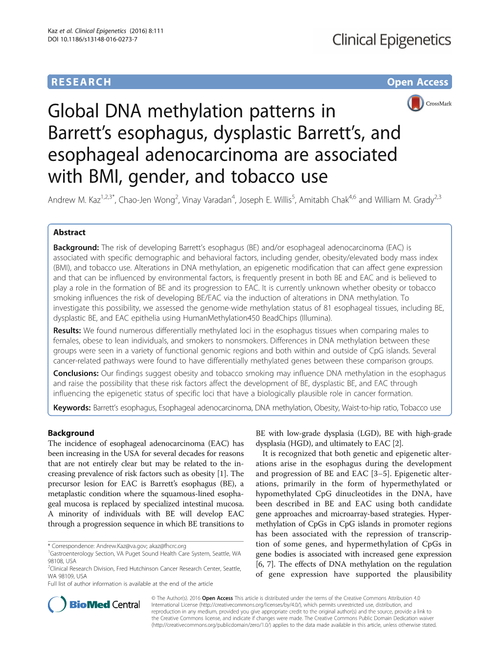Global DNA Methylation Patterns in Barrett's Esophagus, Dysplastic
