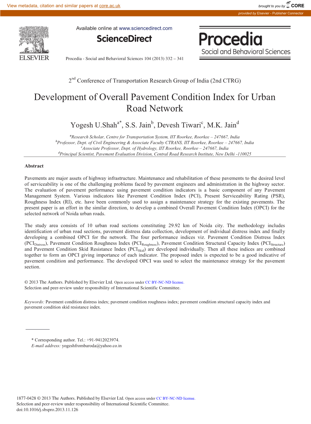 Development of Overall Pavement Condition Index for Urban Road Network