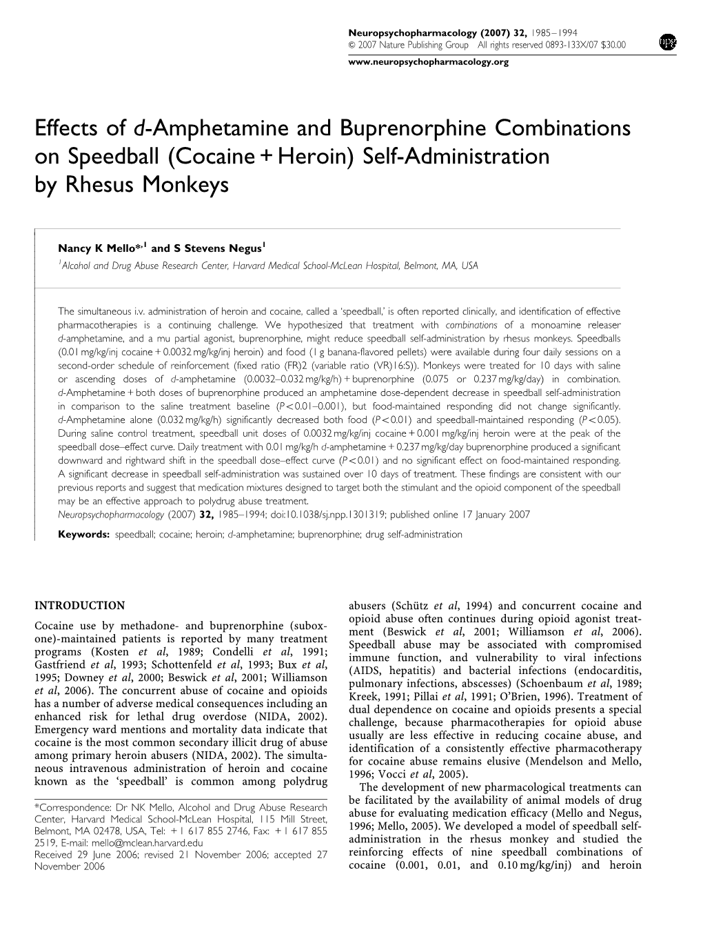 Cocaine + Heroin) Self-Administration by Rhesus Monkeys