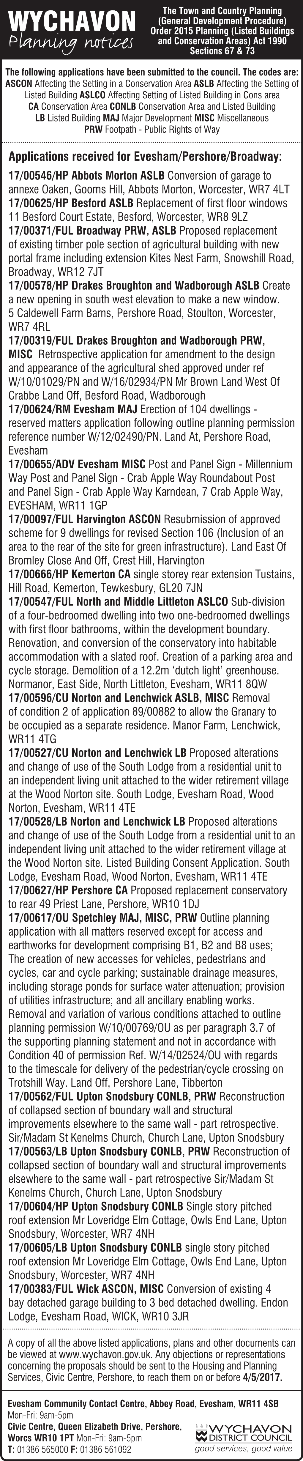 WYCHAVON Order 2015 Planning (Listed Buildings Planning Notices and Conservation Areas) Act 1990 Sections 67 & 73