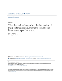 "Merciless Indian Savages" and the Declaration of Independence: Native Americans Translate the Ecunnaunuxulgee Document John R