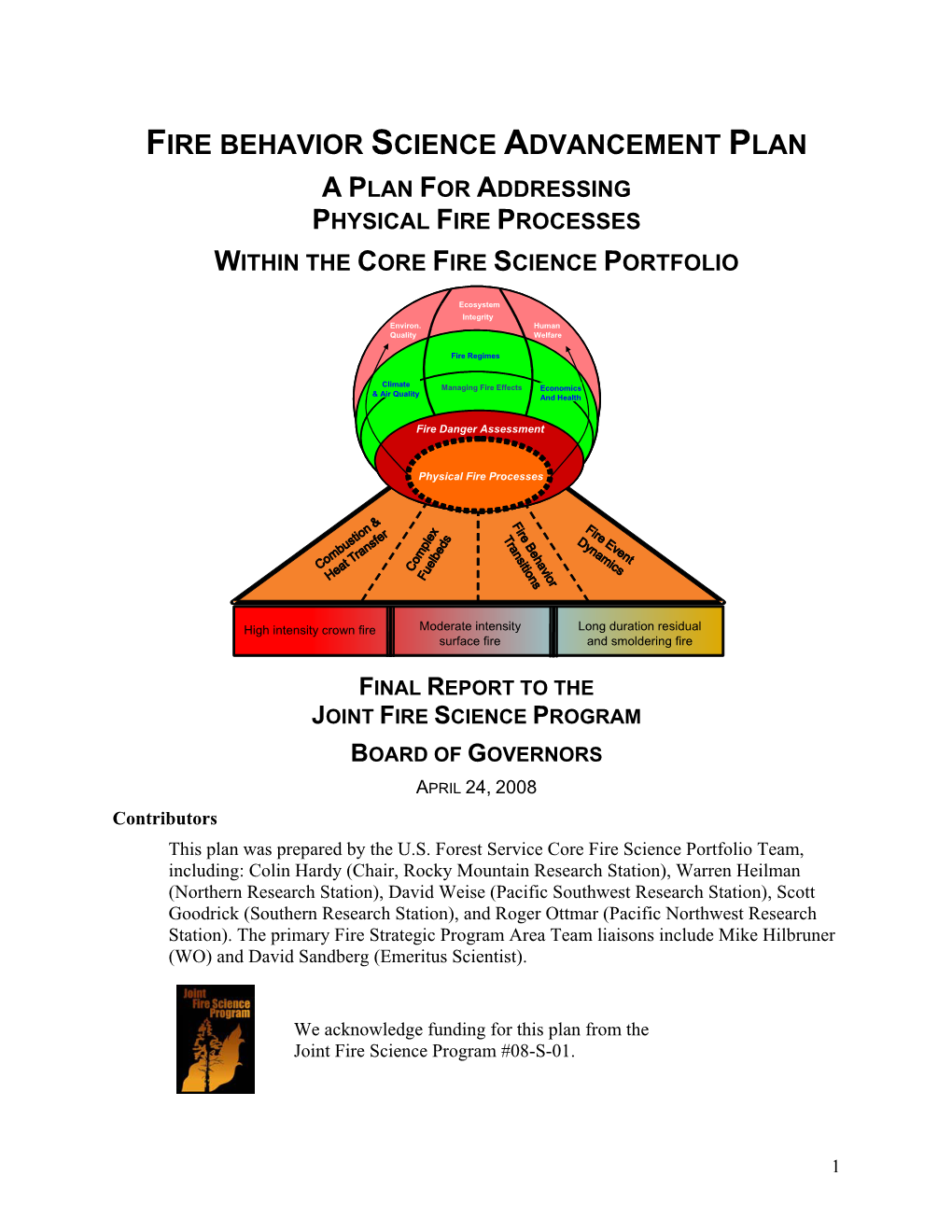 Fire Behavior Science Advancement Plan a Plan for Addressing Physical Fire Processes Within the Core Fire Science Portfolio