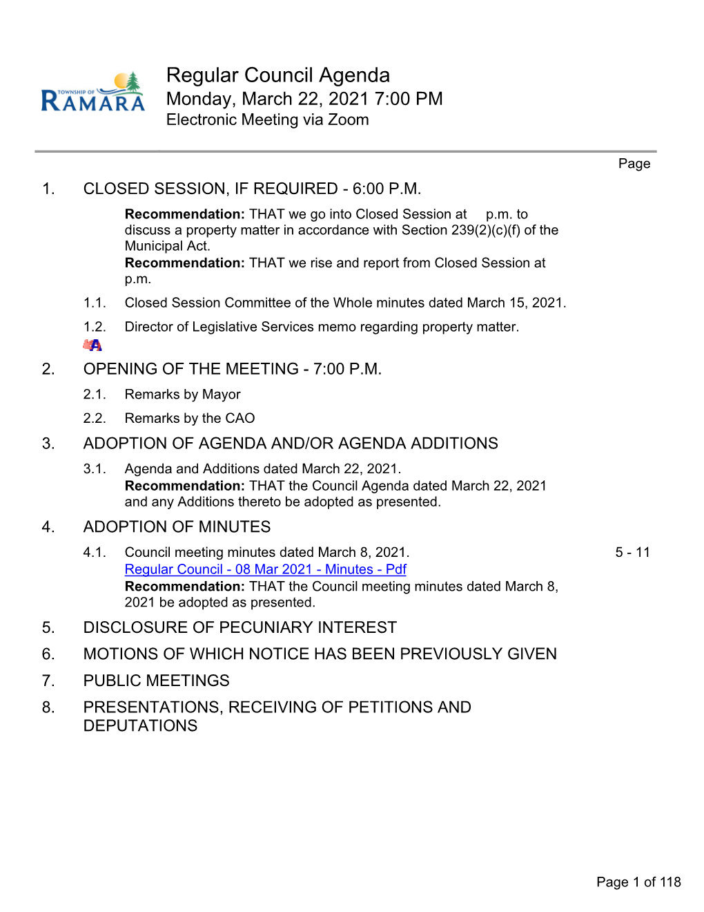 Regular Council Agenda Monday, March 22, 2021 7:00 PM Electronic Meeting Via Zoom