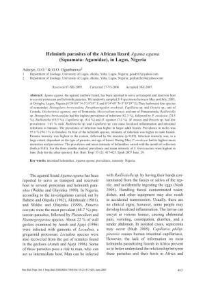 Helminth Parasites of the African Lizard Agama Agama (Squamata: Agamidae), in Lagos, Nigeria