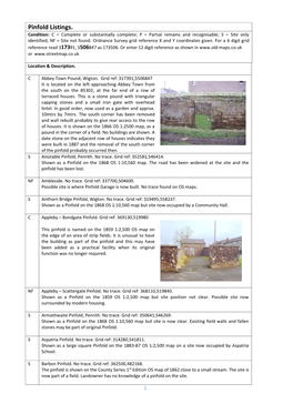 Pinfold Listings. Condition: C = Complete Or Substantially Complete; P = Partial Remains and Recognisable; S = Site Only Identified; NF = Site Not Found