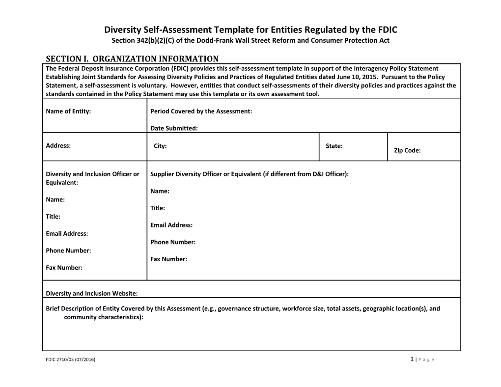 Diversity Self-Assessment Template for Entities Regulated by the FDIC