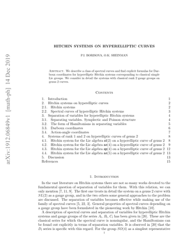 HITCHIN SYSTEMS on HYPERELLIPTIC CURVES 2 of This Series the Separation of Variables Is Carried out in [2]