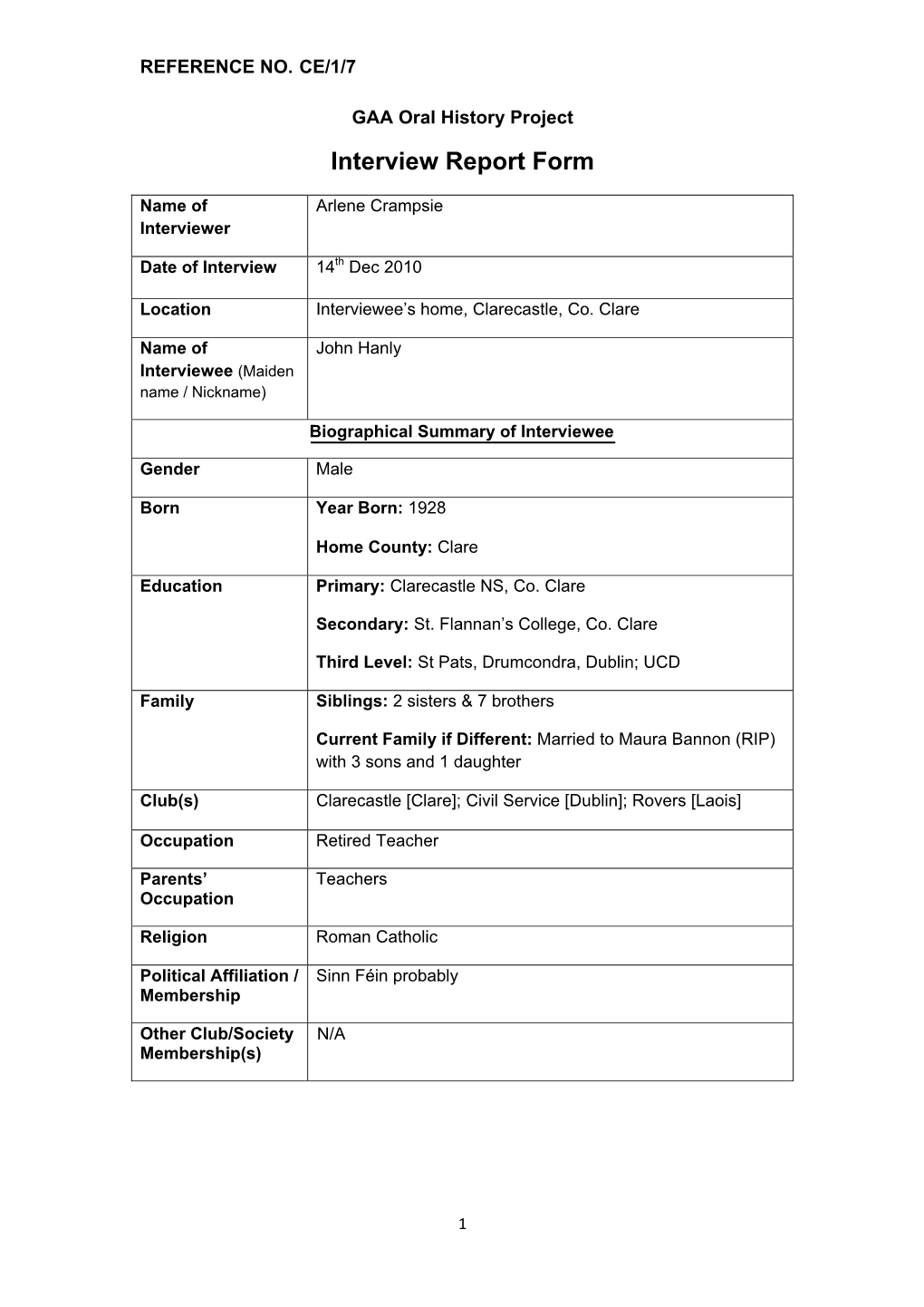 GAA Oral History Project Interview Report Form