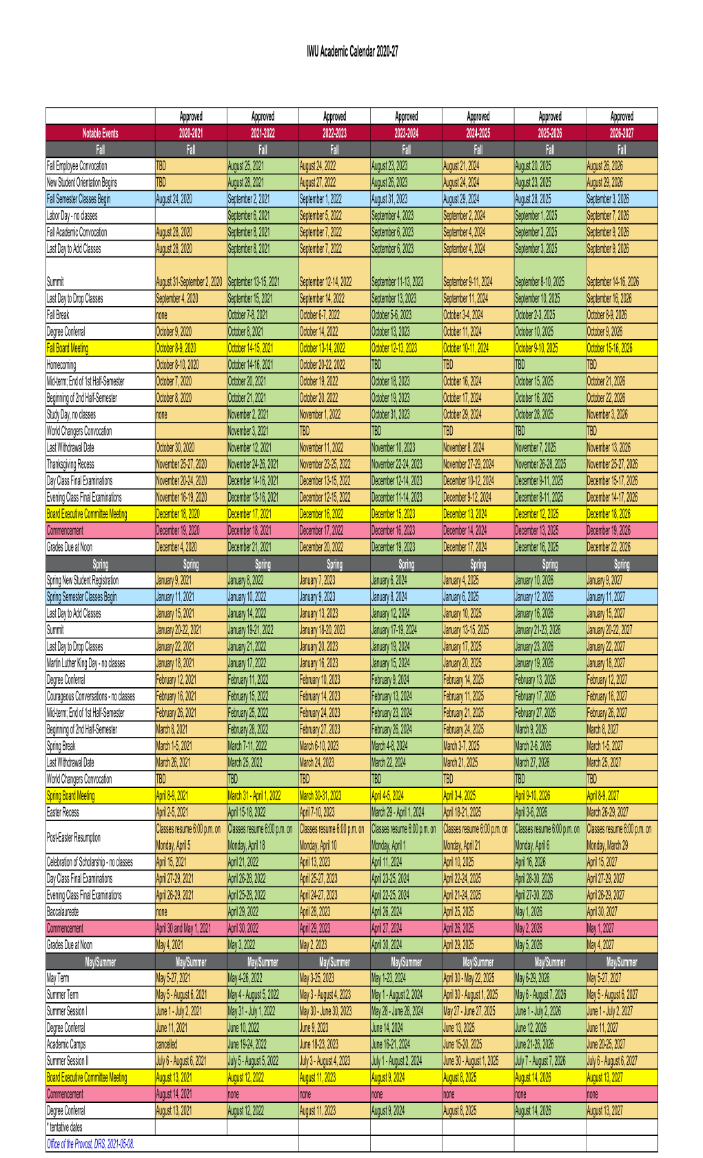 Academic Calendars 2020-2027