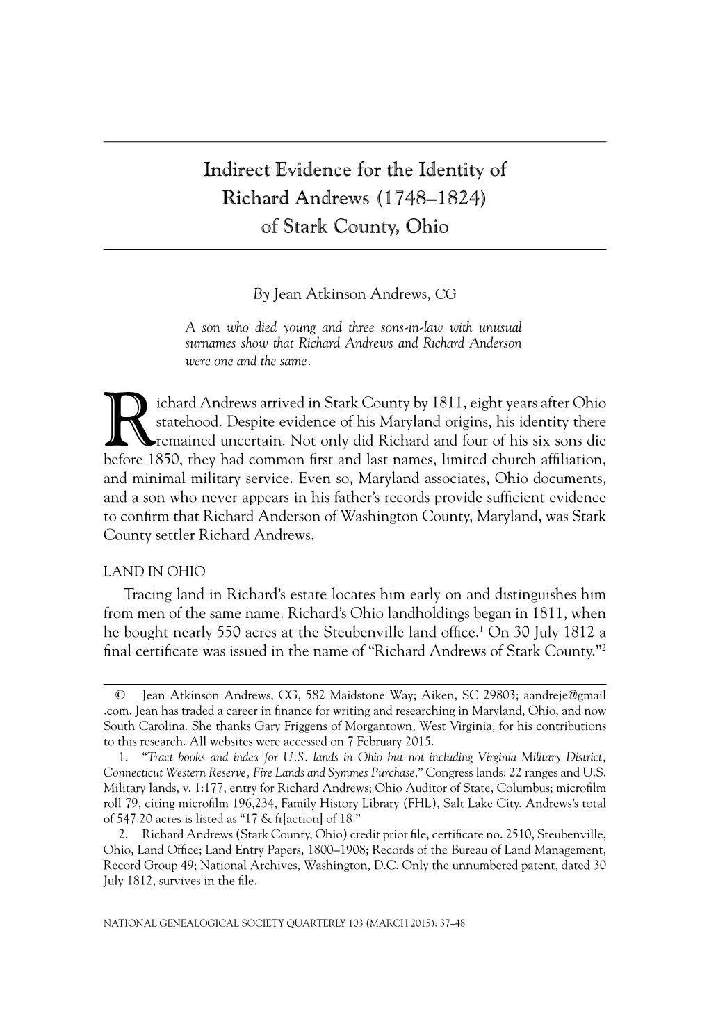 Indirect Evidence for the Identity of Richard Andrews (1748–1824) of Stark County, Ohio