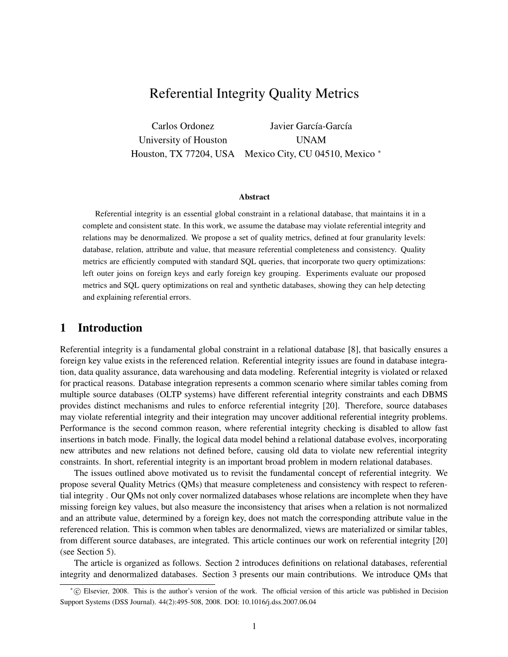 Referential Integrity Quality Metrics