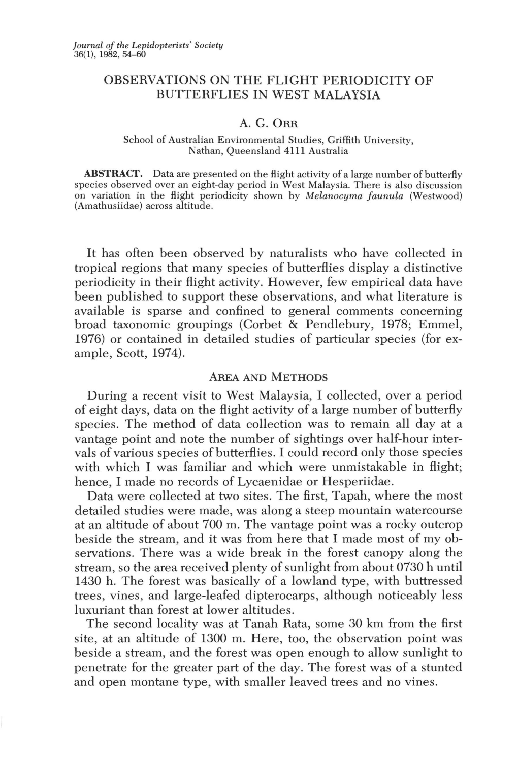 Observations on the Flight Periodicity of Butterflies in West Malaysia