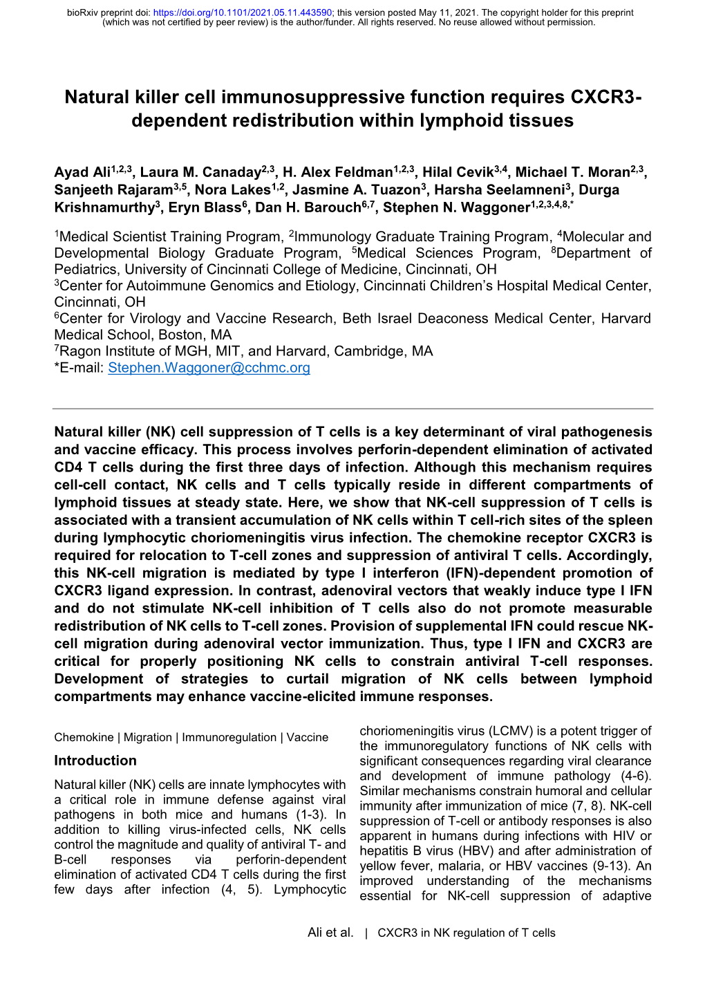 Natural Killer Cell Immunosuppressive Function Requires CXCR3-Dependent Redistribution Within Lymphoid Tissues