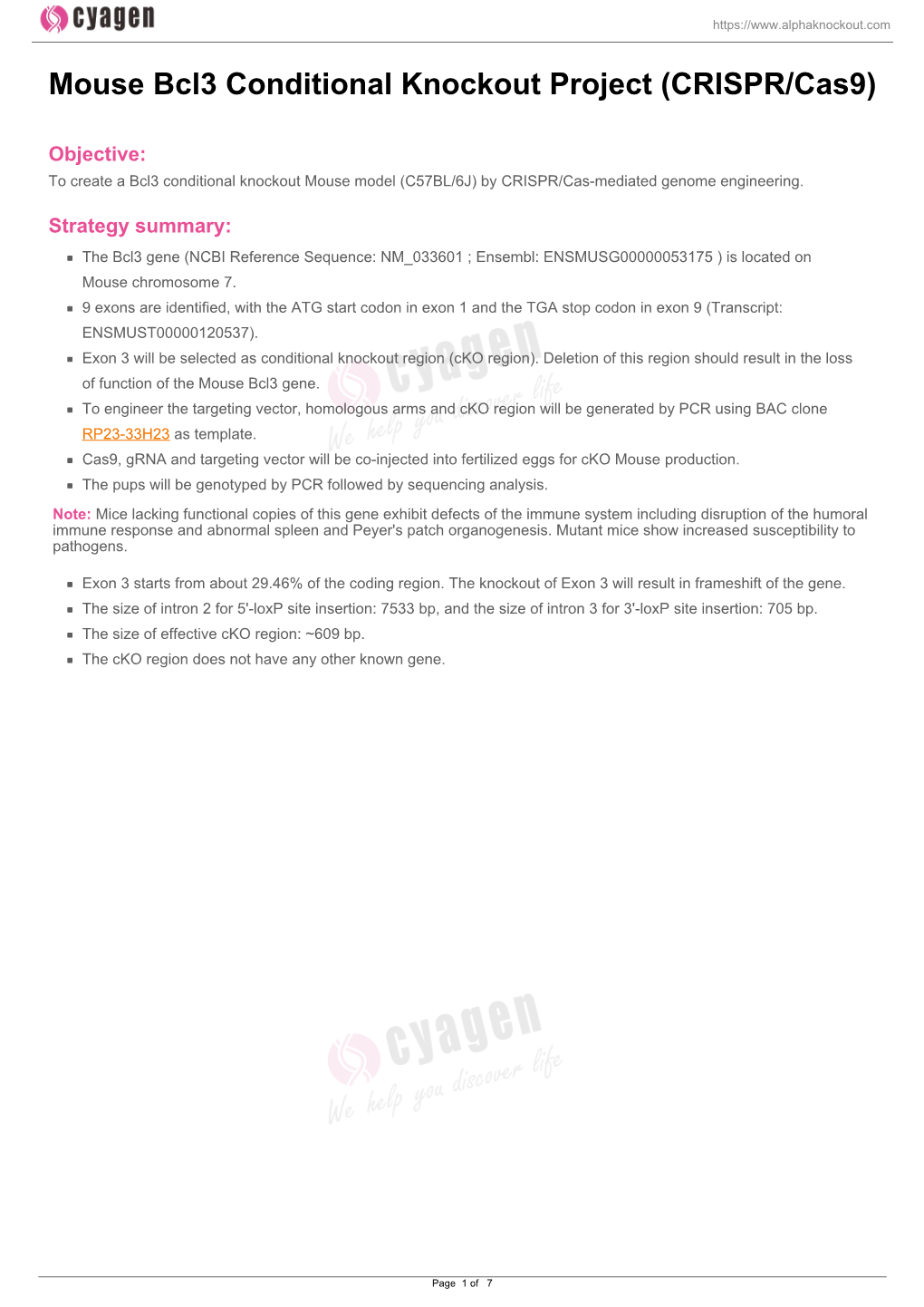 Mouse Bcl3 Conditional Knockout Project (CRISPR/Cas9)