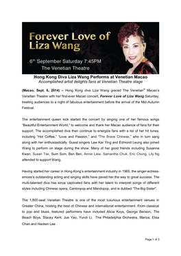 Hong Kong Diva Liza Wang Performs at Venetian Macao Accomplished Artist Delights Fans at Venetian Theatre Stage