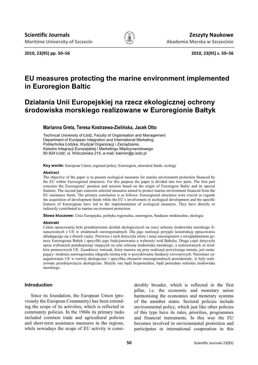 EU Measures Protecting the Marine Environment Implemented in Euroregion Baltic Działania Unii Europejskiej Na Rzecz Ekologiczne