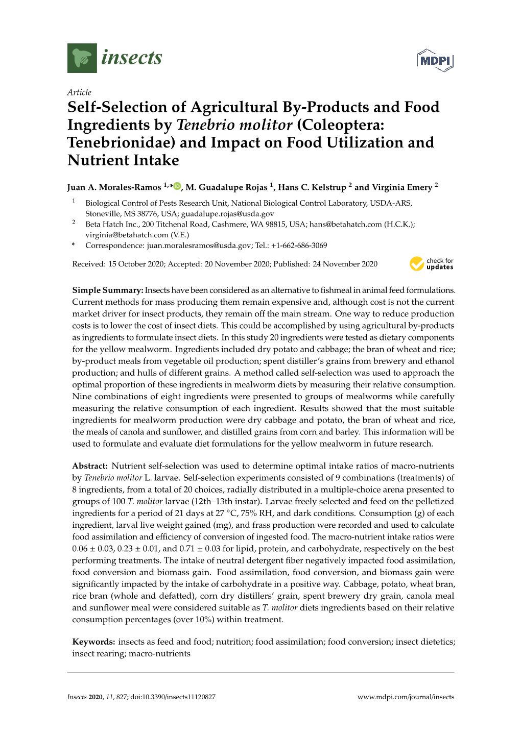 Self-Selection of Agricultural By-Products and Food Ingredients by Tenebrio Molitor (Coleoptera: Tenebrionidae) and Impact on Food Utilization and Nutrient Intake